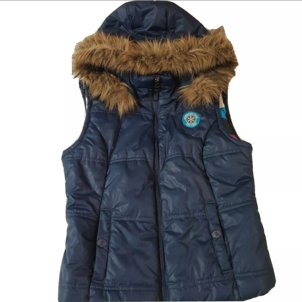 Areopostale Women M Blue Vest W/ Fur Hoodie Inner